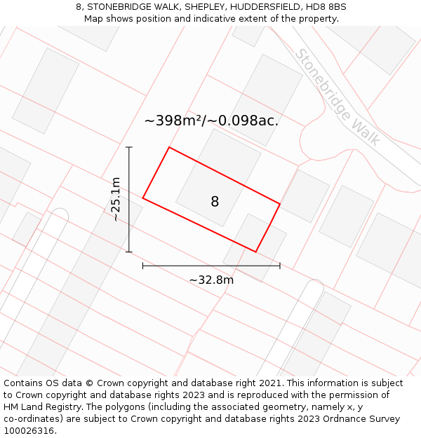 8, STONEBRIDGE WALK, SHEPLEY, HUDDERSFIELD, HD8 8BS: Plot and title map
