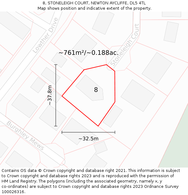 8, STONELEIGH COURT, NEWTON AYCLIFFE, DL5 4TL: Plot and title map