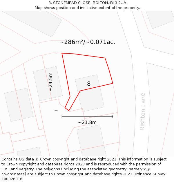 8, STONEMEAD CLOSE, BOLTON, BL3 2UA: Plot and title map