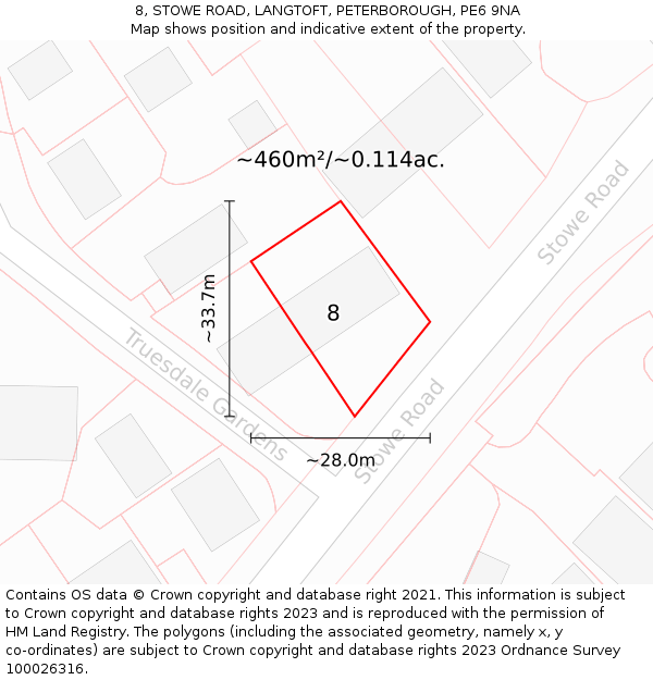 8, STOWE ROAD, LANGTOFT, PETERBOROUGH, PE6 9NA: Plot and title map