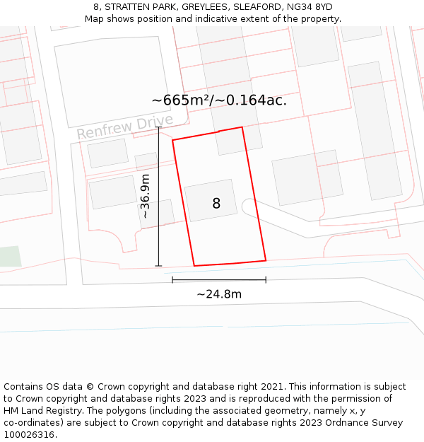 8, STRATTEN PARK, GREYLEES, SLEAFORD, NG34 8YD: Plot and title map