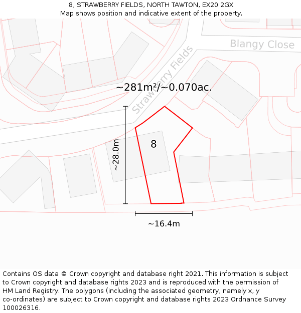 8, STRAWBERRY FIELDS, NORTH TAWTON, EX20 2GX: Plot and title map