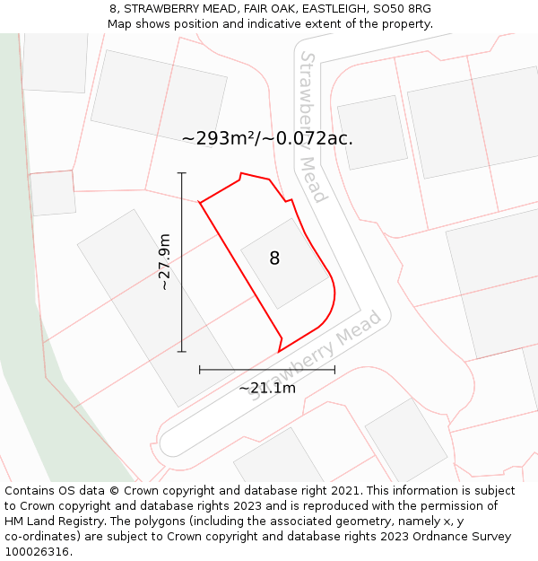 8, STRAWBERRY MEAD, FAIR OAK, EASTLEIGH, SO50 8RG: Plot and title map