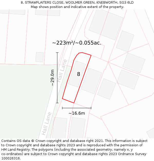 8, STRAWPLAITERS CLOSE, WOOLMER GREEN, KNEBWORTH, SG3 6LD: Plot and title map