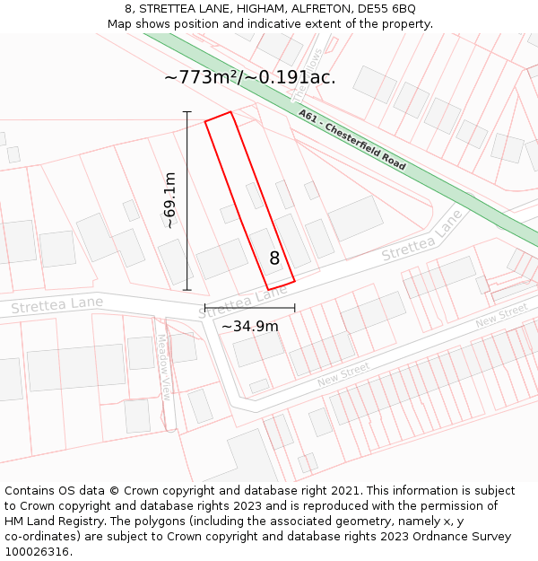 8, STRETTEA LANE, HIGHAM, ALFRETON, DE55 6BQ: Plot and title map