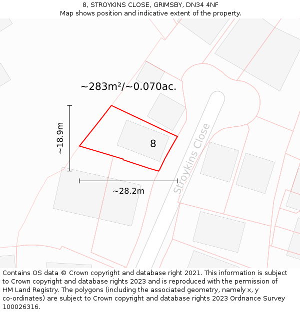 8, STROYKINS CLOSE, GRIMSBY, DN34 4NF: Plot and title map