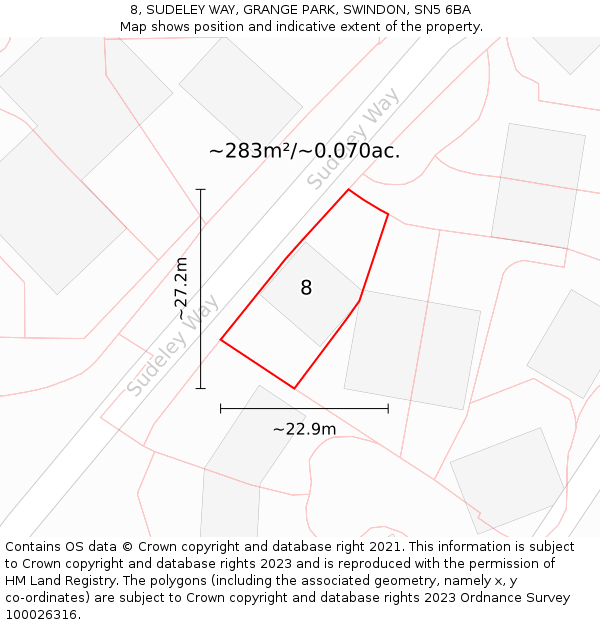 8, SUDELEY WAY, GRANGE PARK, SWINDON, SN5 6BA: Plot and title map