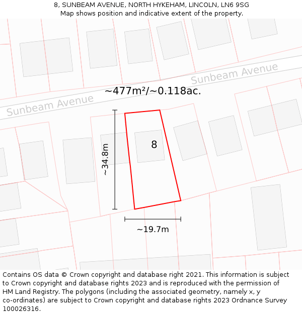 8, SUNBEAM AVENUE, NORTH HYKEHAM, LINCOLN, LN6 9SG: Plot and title map
