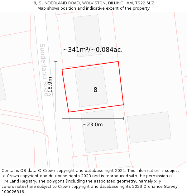 8, SUNDERLAND ROAD, WOLVISTON, BILLINGHAM, TS22 5LZ: Plot and title map