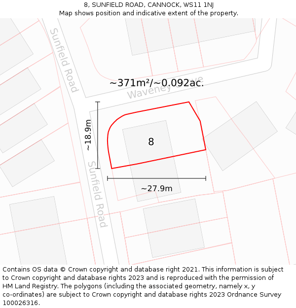 8, SUNFIELD ROAD, CANNOCK, WS11 1NJ: Plot and title map