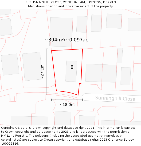 8, SUNNINGHILL CLOSE, WEST HALLAM, ILKESTON, DE7 6LS: Plot and title map