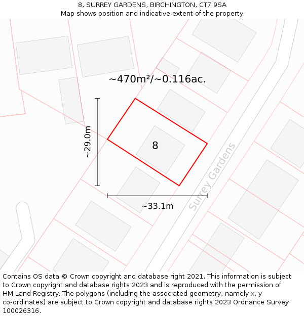 8, SURREY GARDENS, BIRCHINGTON, CT7 9SA: Plot and title map