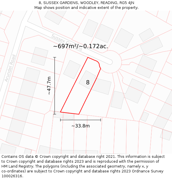 8, SUSSEX GARDENS, WOODLEY, READING, RG5 4JN: Plot and title map