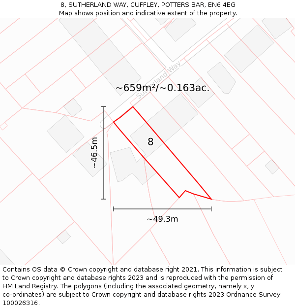 8, SUTHERLAND WAY, CUFFLEY, POTTERS BAR, EN6 4EG: Plot and title map