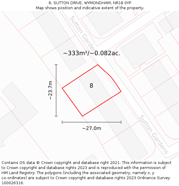 8, SUTTON DRIVE, WYMONDHAM, NR18 0YP: Plot and title map