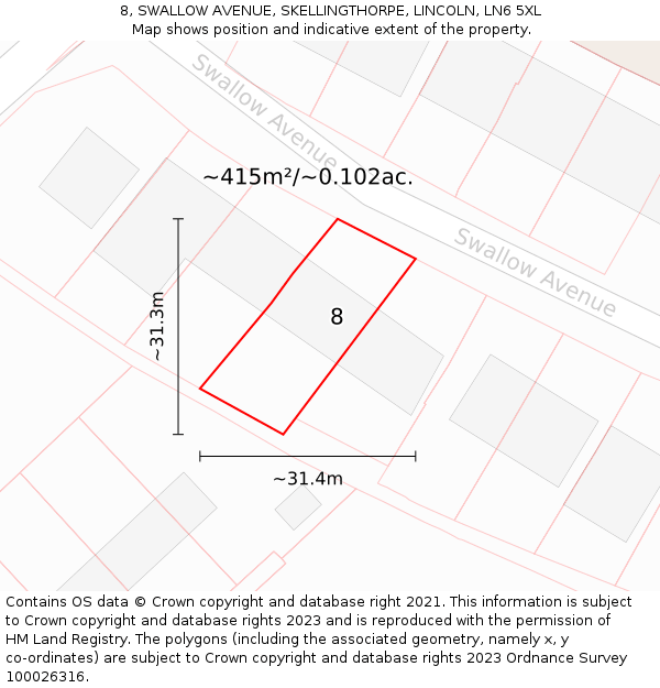 8, SWALLOW AVENUE, SKELLINGTHORPE, LINCOLN, LN6 5XL: Plot and title map