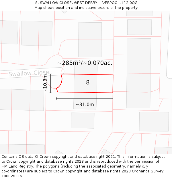 8, SWALLOW CLOSE, WEST DERBY, LIVERPOOL, L12 0QG: Plot and title map