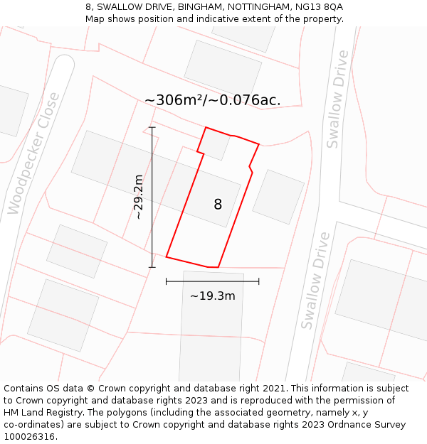 8, SWALLOW DRIVE, BINGHAM, NOTTINGHAM, NG13 8QA: Plot and title map