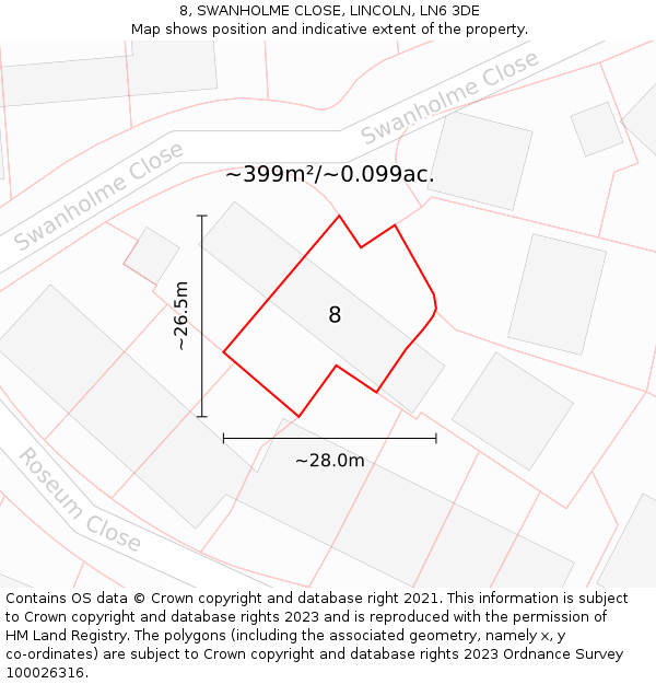 8, SWANHOLME CLOSE, LINCOLN, LN6 3DE: Plot and title map