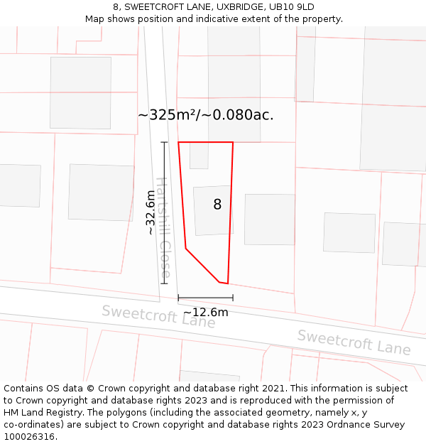 8, SWEETCROFT LANE, UXBRIDGE, UB10 9LD: Plot and title map