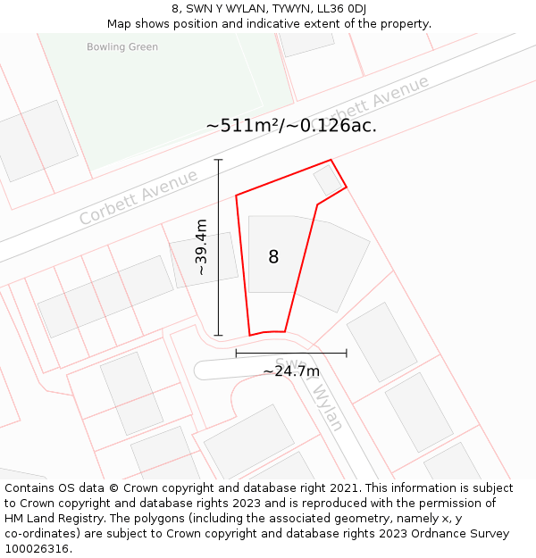 8, SWN Y WYLAN, TYWYN, LL36 0DJ: Plot and title map