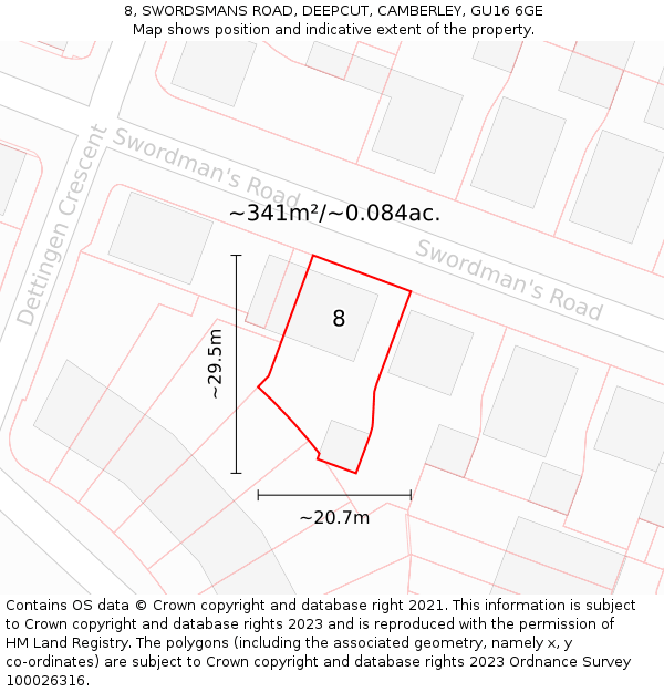 8, SWORDSMANS ROAD, DEEPCUT, CAMBERLEY, GU16 6GE: Plot and title map