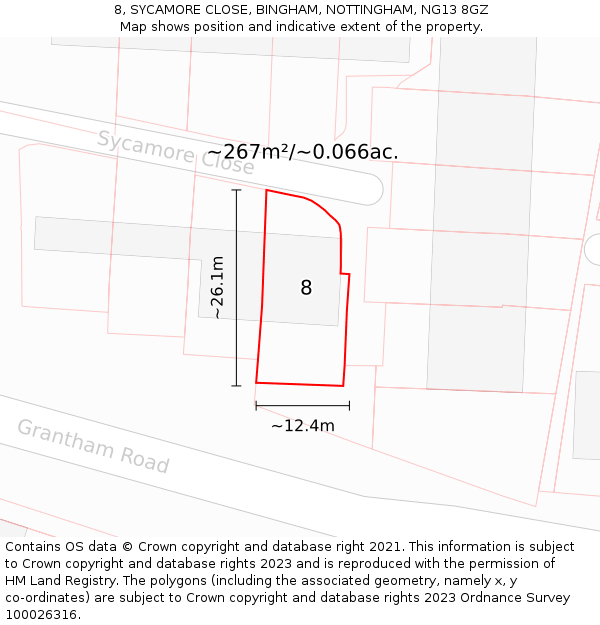 8, SYCAMORE CLOSE, BINGHAM, NOTTINGHAM, NG13 8GZ: Plot and title map