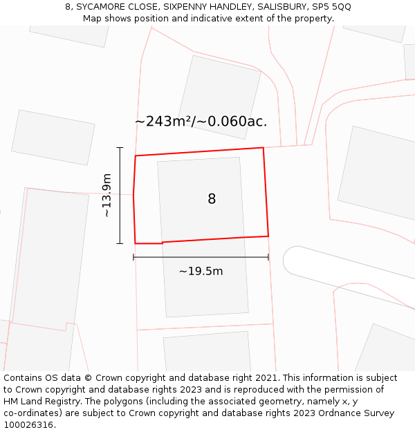 8, SYCAMORE CLOSE, SIXPENNY HANDLEY, SALISBURY, SP5 5QQ: Plot and title map