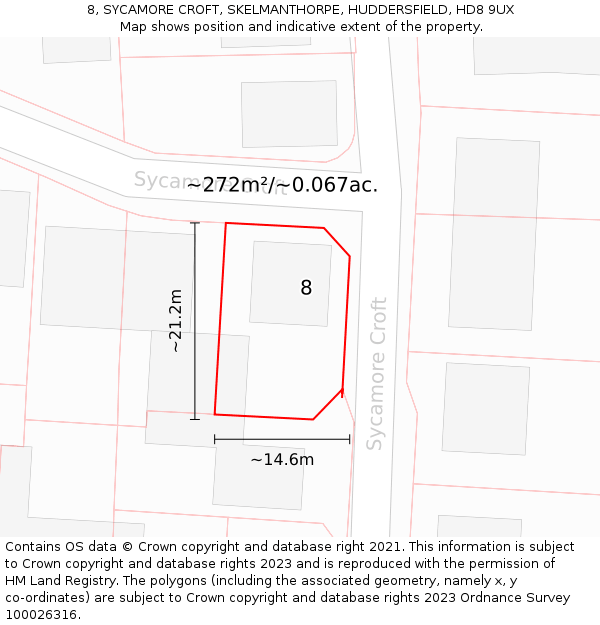 8, SYCAMORE CROFT, SKELMANTHORPE, HUDDERSFIELD, HD8 9UX: Plot and title map