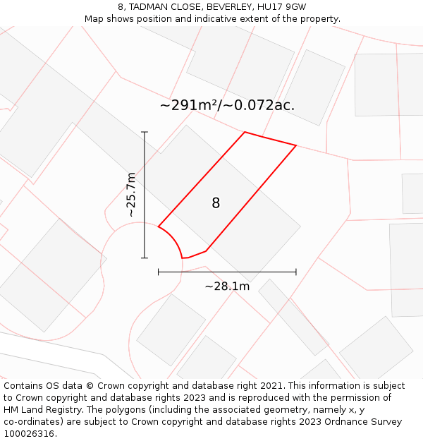 8, TADMAN CLOSE, BEVERLEY, HU17 9GW: Plot and title map