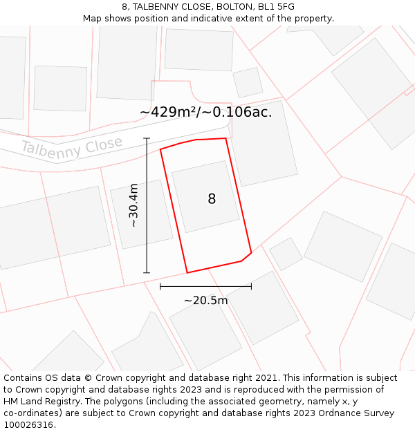 8, TALBENNY CLOSE, BOLTON, BL1 5FG: Plot and title map