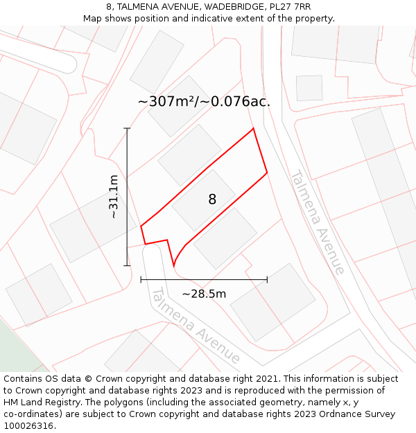 8, TALMENA AVENUE, WADEBRIDGE, PL27 7RR: Plot and title map