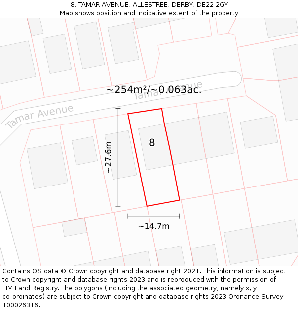 8, TAMAR AVENUE, ALLESTREE, DERBY, DE22 2GY: Plot and title map