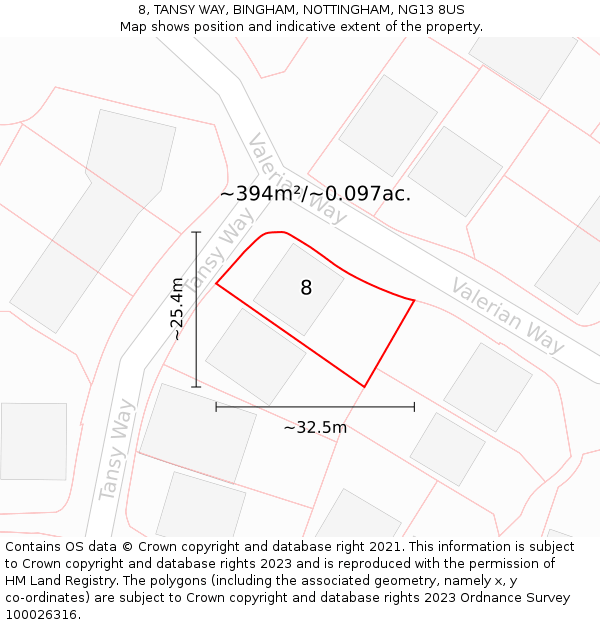 8, TANSY WAY, BINGHAM, NOTTINGHAM, NG13 8US: Plot and title map