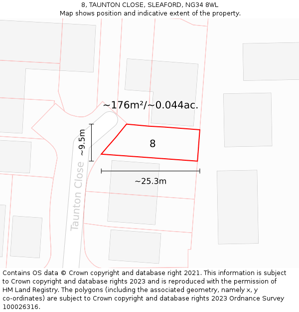 8, TAUNTON CLOSE, SLEAFORD, NG34 8WL: Plot and title map