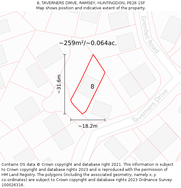 8, TAVERNERS DRIVE, RAMSEY, HUNTINGDON, PE26 1SF: Plot and title map