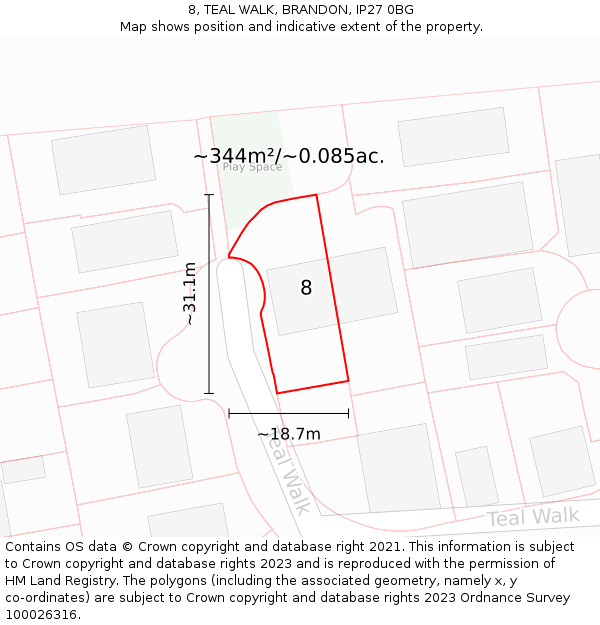 8, TEAL WALK, BRANDON, IP27 0BG: Plot and title map