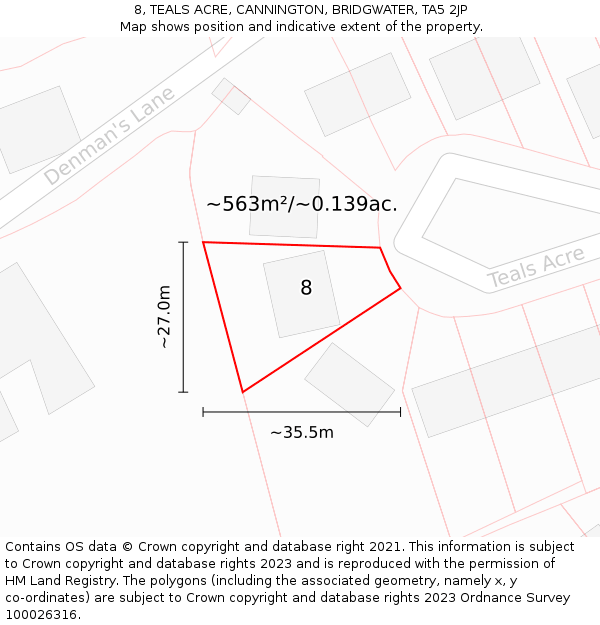 8, TEALS ACRE, CANNINGTON, BRIDGWATER, TA5 2JP: Plot and title map