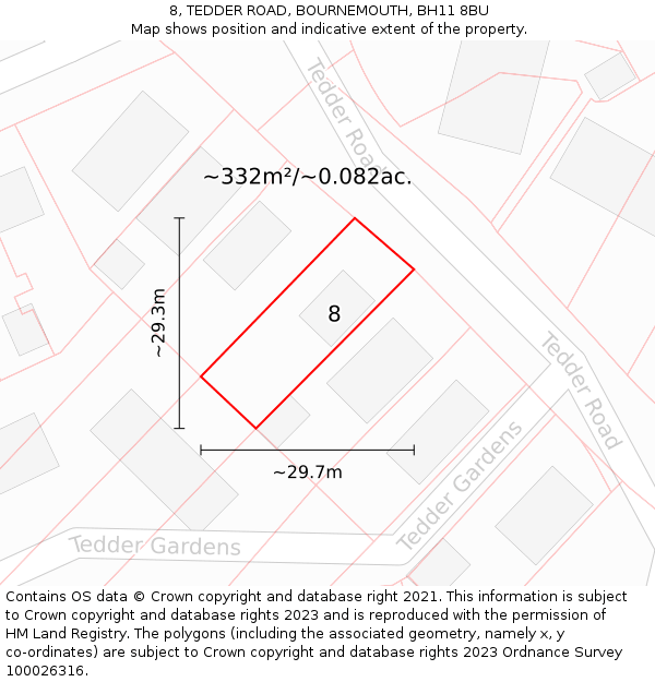 8, TEDDER ROAD, BOURNEMOUTH, BH11 8BU: Plot and title map