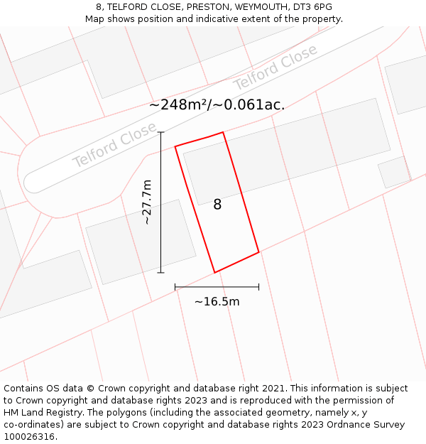 8, TELFORD CLOSE, PRESTON, WEYMOUTH, DT3 6PG: Plot and title map