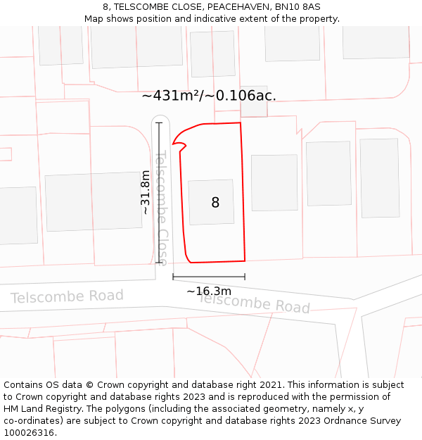 8, TELSCOMBE CLOSE, PEACEHAVEN, BN10 8AS: Plot and title map