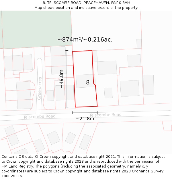 8, TELSCOMBE ROAD, PEACEHAVEN, BN10 8AH: Plot and title map