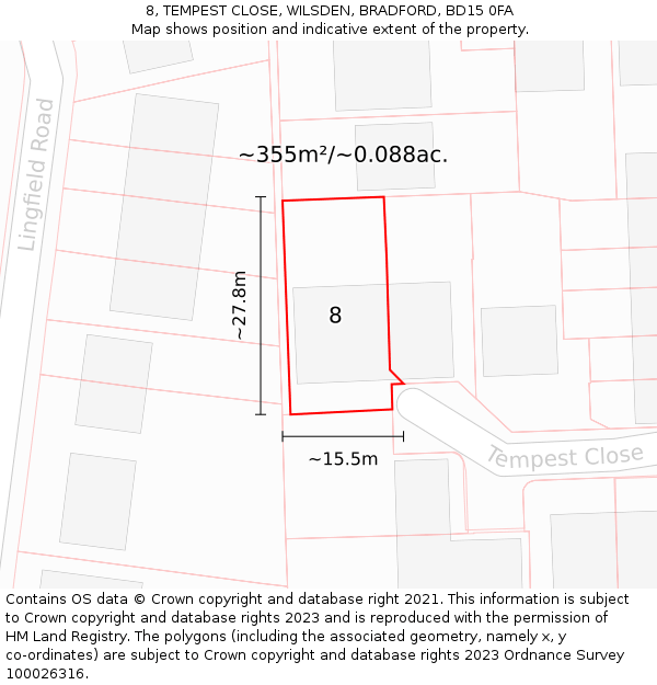 8, TEMPEST CLOSE, WILSDEN, BRADFORD, BD15 0FA: Plot and title map