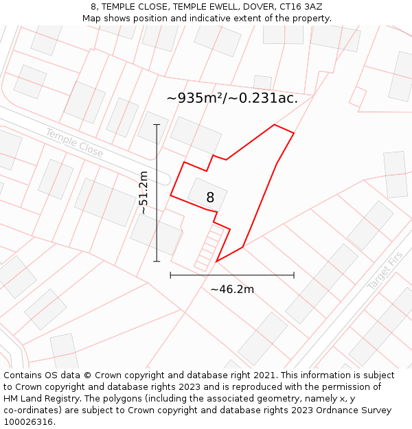8, TEMPLE CLOSE, TEMPLE EWELL, DOVER, CT16 3AZ: Plot and title map