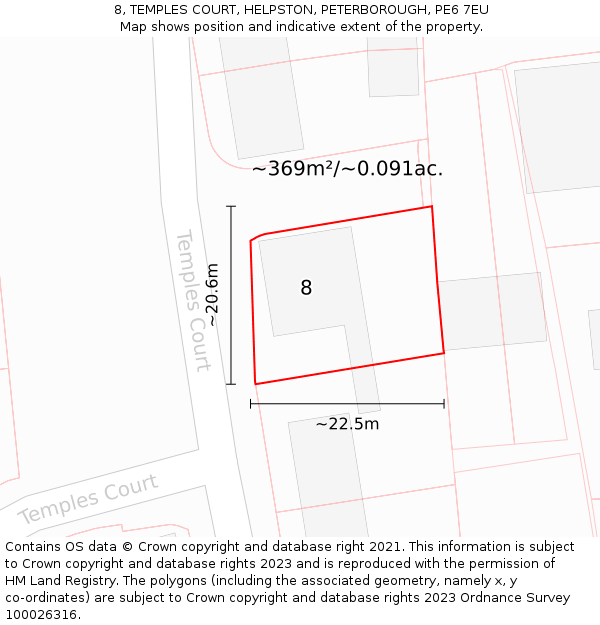 8, TEMPLES COURT, HELPSTON, PETERBOROUGH, PE6 7EU: Plot and title map