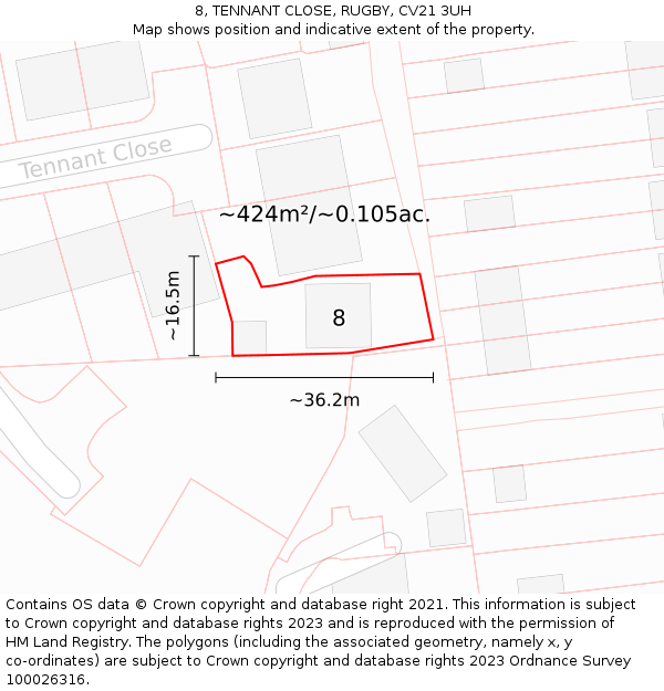 8, TENNANT CLOSE, RUGBY, CV21 3UH: Plot and title map