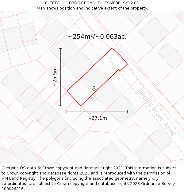 8, TETCHILL BROOK ROAD, ELLESMERE, SY12 0FJ: Plot and title map