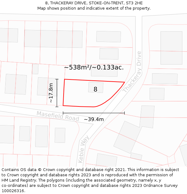 8, THACKERAY DRIVE, STOKE-ON-TRENT, ST3 2HE: Plot and title map