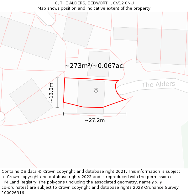 8, THE ALDERS, BEDWORTH, CV12 0NU: Plot and title map