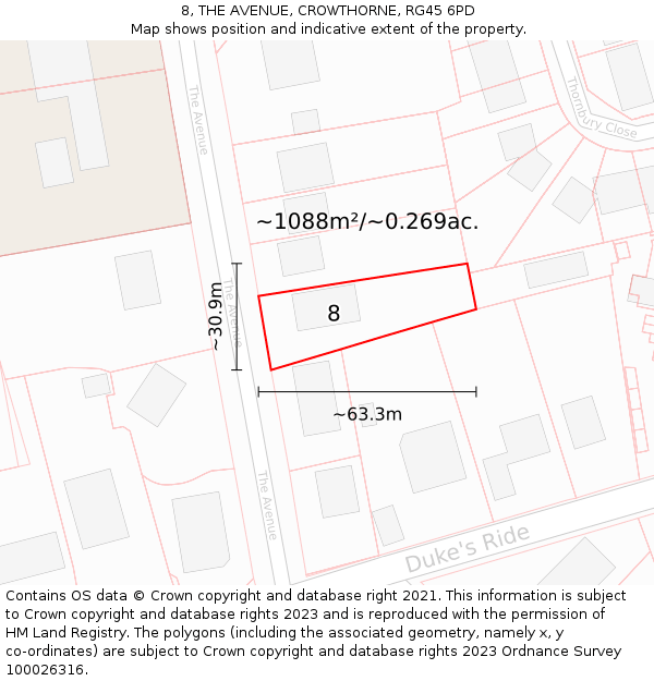 8, THE AVENUE, CROWTHORNE, RG45 6PD: Plot and title map